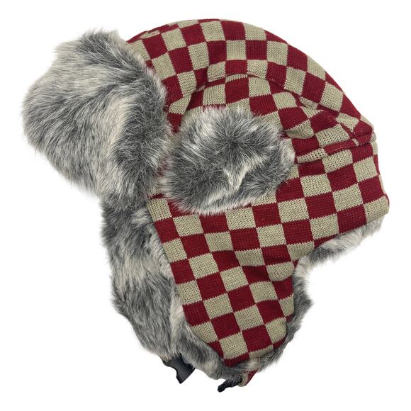 Red Checkered Aviator Hat Faux Fur Winter Ski Trooper Trapper Ear Flap Cap - Picture 1 of 6